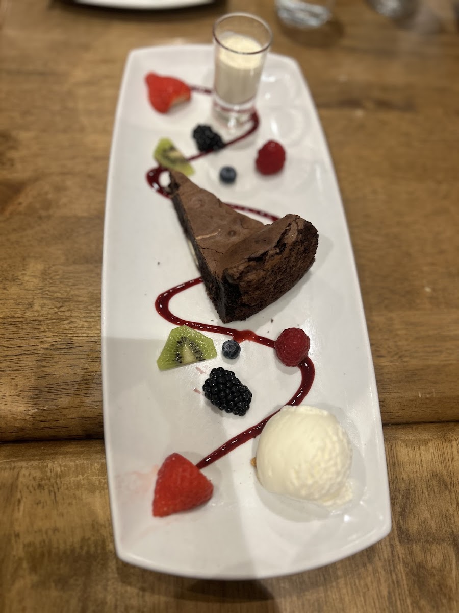 Chocolate dessert with fruit and ice cream